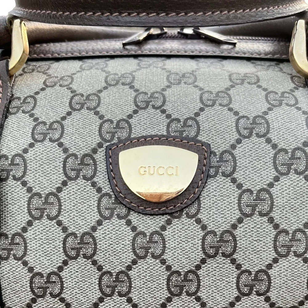 Vintage Gucci GG Supreme Boston Bag Travel Duffle Brown Monogram Leather Trim - Picture 9 of 15